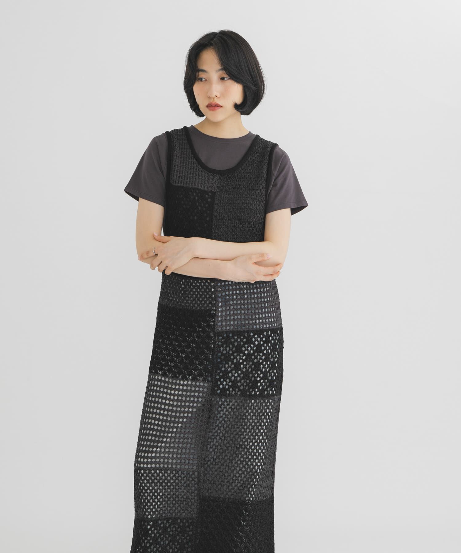  「パッチワークニットワンピース」|ワンピース|グレー系その他