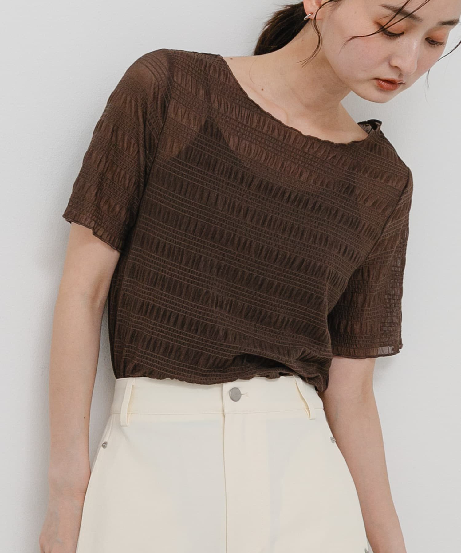 SENSE OF PLACE by URBAN RESEARCH「シャーリングシアートップ(5分袖)」|Tシャツ・カットソー|ブラウン