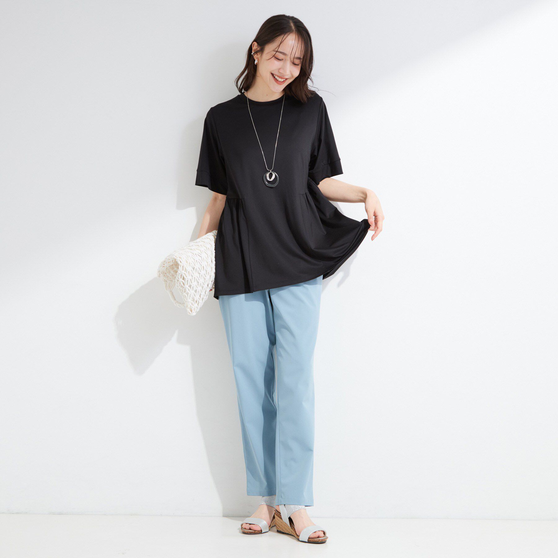 SHOO･LA･RUE「【ひんやり/UV/S-LL/体型カバー】インせず着られる サイドギャザー切替トップス」|Tシャツ・カットソー|
