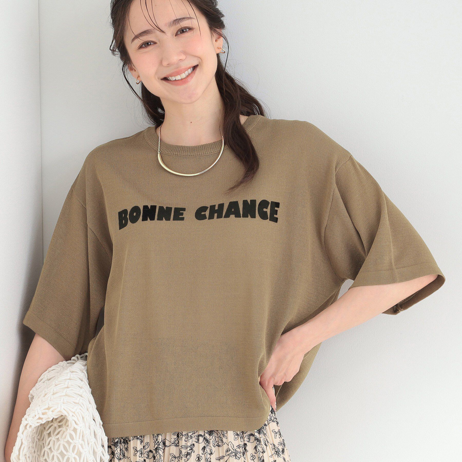SHOO･LA･RUE「【体型カバー】程よい透け感 デザインアソート 5分袖シアーニット」|ニット・セーター|モカブラウン(142