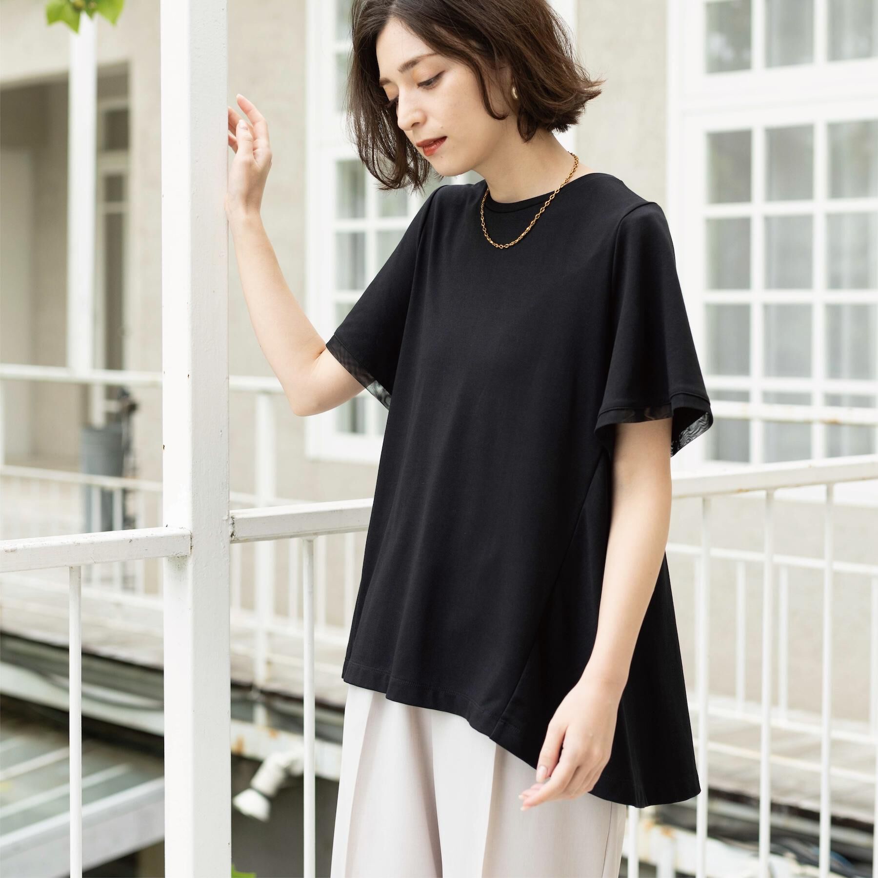 OPAQUE.CLIP「【UVケア／接触冷感】スーパーアイス 袖チュールペプラムカットソー《洗濯機OK》」|Tシャツ・カットソー|