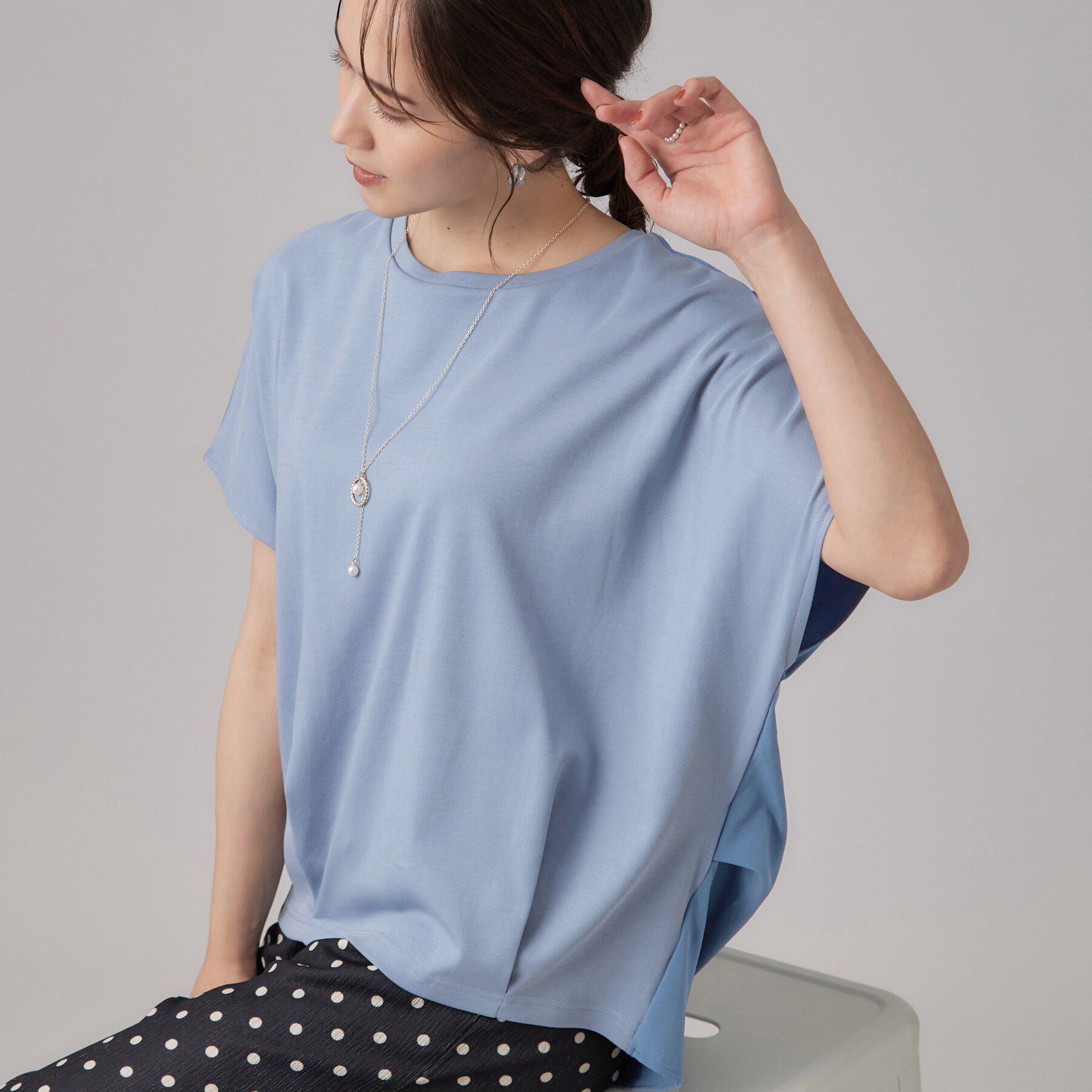 SHOO･LA･RUE「【ひんやり/UV】異素材ドッキング 裾タックプルオーバー」|Tシャツ・カットソー|サックスブルー(09