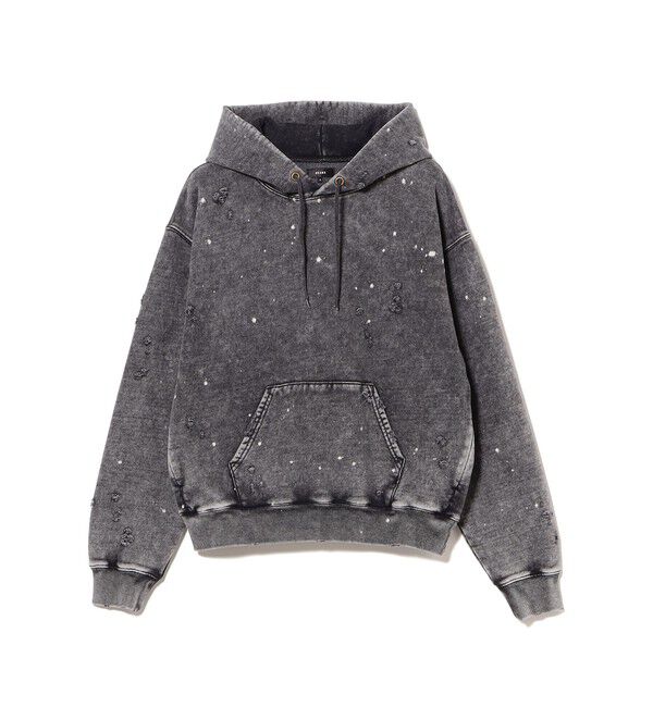 BEAMS「ワイドショートフィット ダメージ フーディ」|スウェット・ジャージ|FADE_BLACK