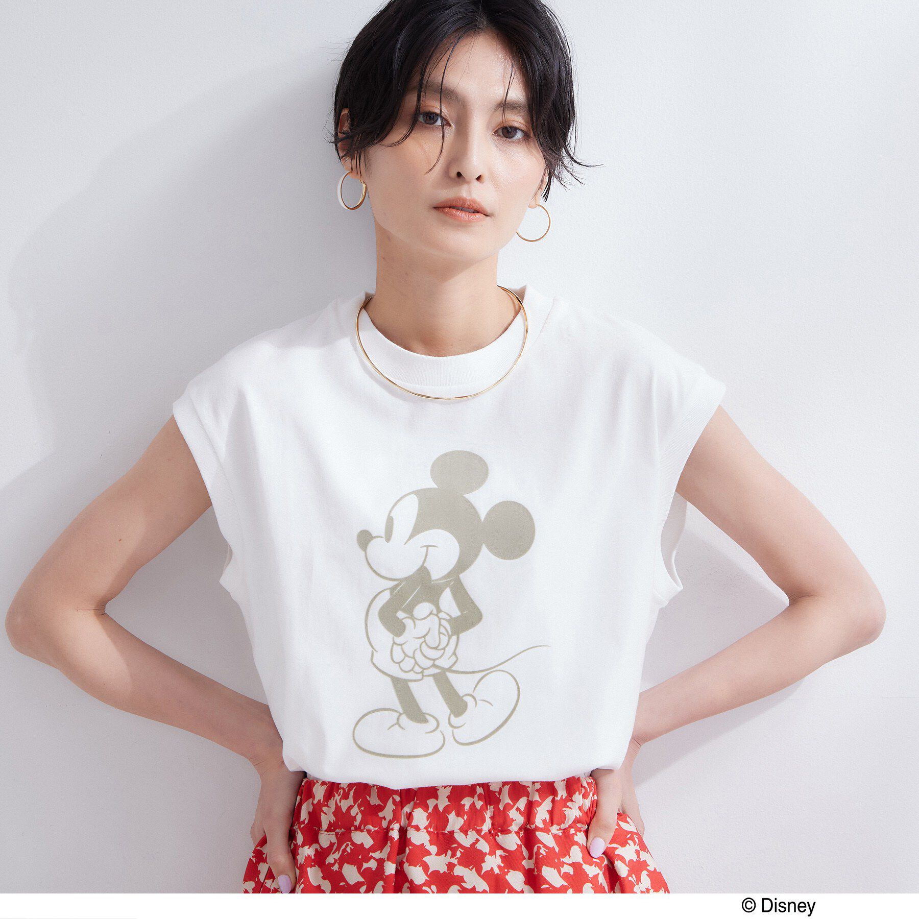 OPAQUE.CLIP「「Mickey Mouse」フロッキープリント フレンチスリーブTシャツ《洗濯機OK》」|Tシャツ・カットソー|