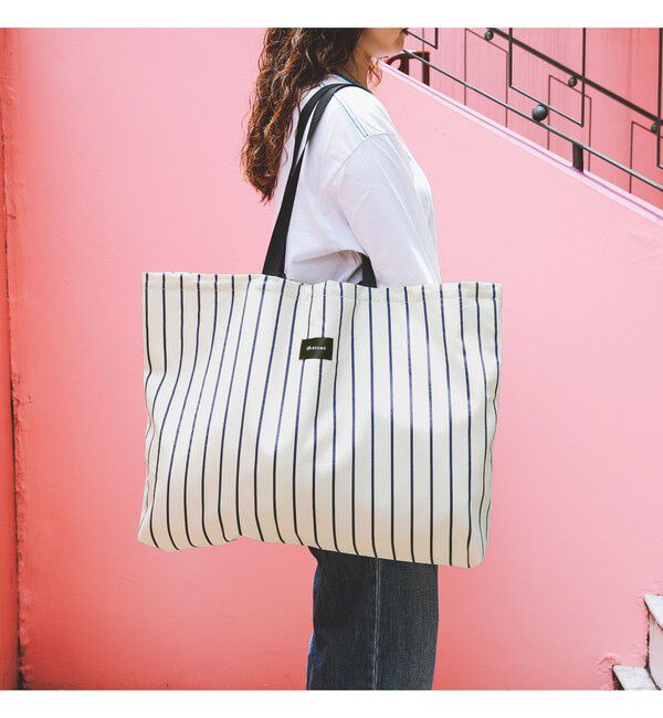 bPr BEAMS「ストライプ ビッグ トートバッグ」|ポーチ|WHITE/NAVY
