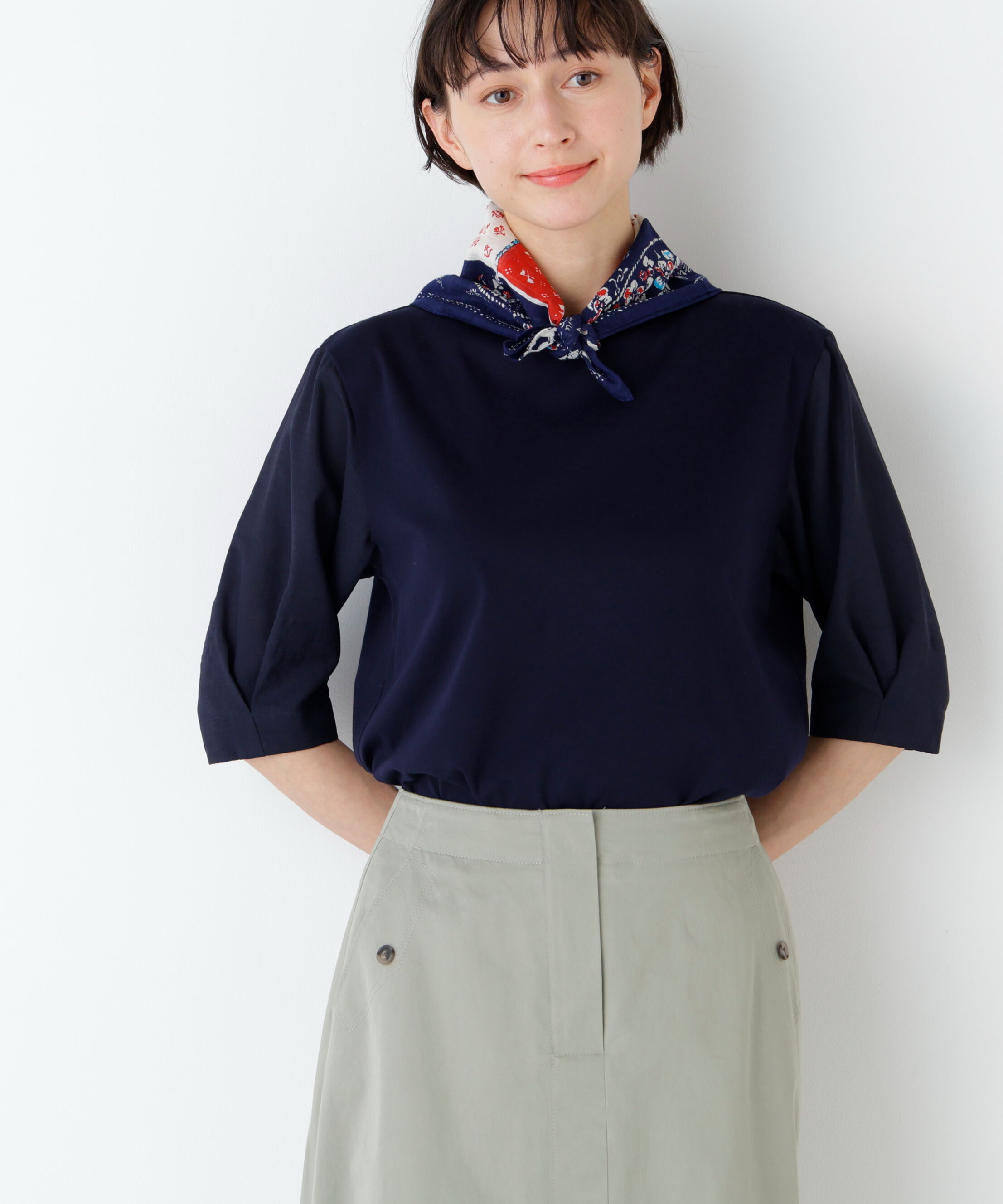  「《洗える》布帛コンビカットソー」|Tシャツ・カットソー|ネイビー