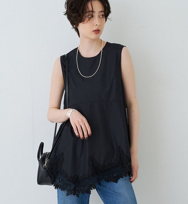 Rouge vif「ランダムヘム裾レースノースリーブブラウス」|シャツ・ブラウス|ブラック