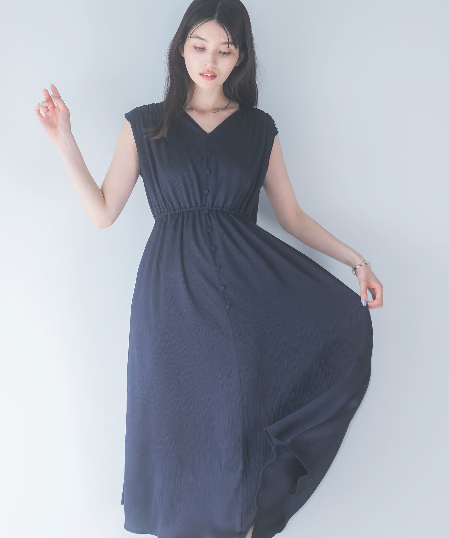 URBAN RESEARCH ROSSO「楊柳サテンウエストマークワンピース」|ワンピース|ネイビー