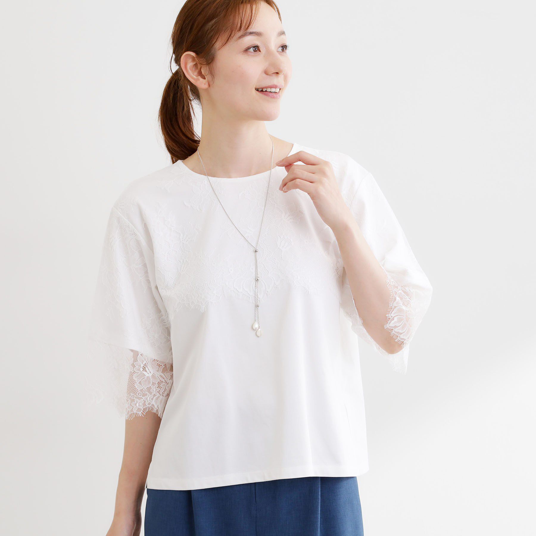 Reflect「【UVカット／接触冷感】スカラップレースジャージカットソー」|Tシャツ・カットソー|ホワイト(001)