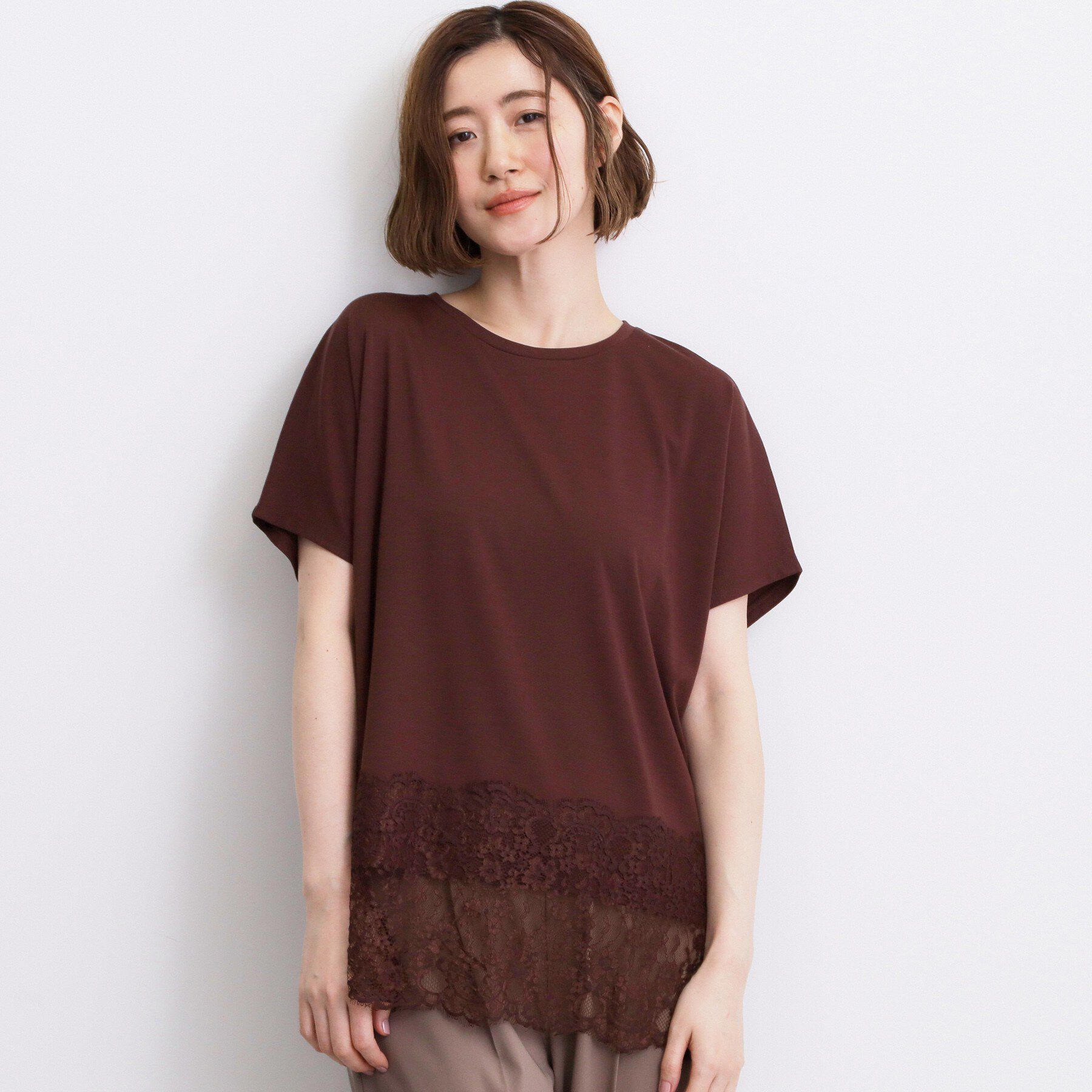 grove「【持続冷感】ひんやりポンチシリーズ／裾レースドルマンカットソー」|Tシャツ・カットソー|ブラウン(044)