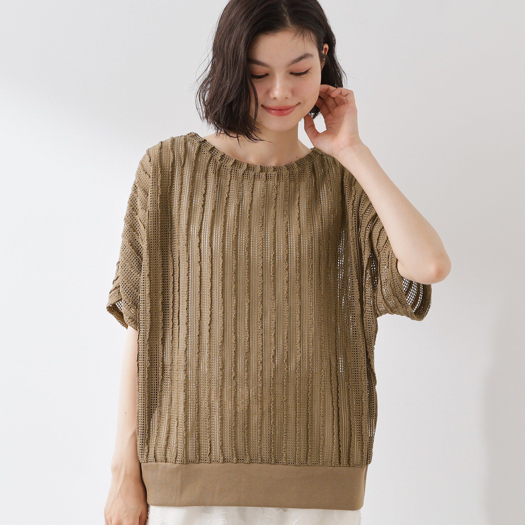 THE SHOP TK「見た目涼やか メッシュジャカードトップス」|Tシャツ・カットソー|ピンクベージュ(05