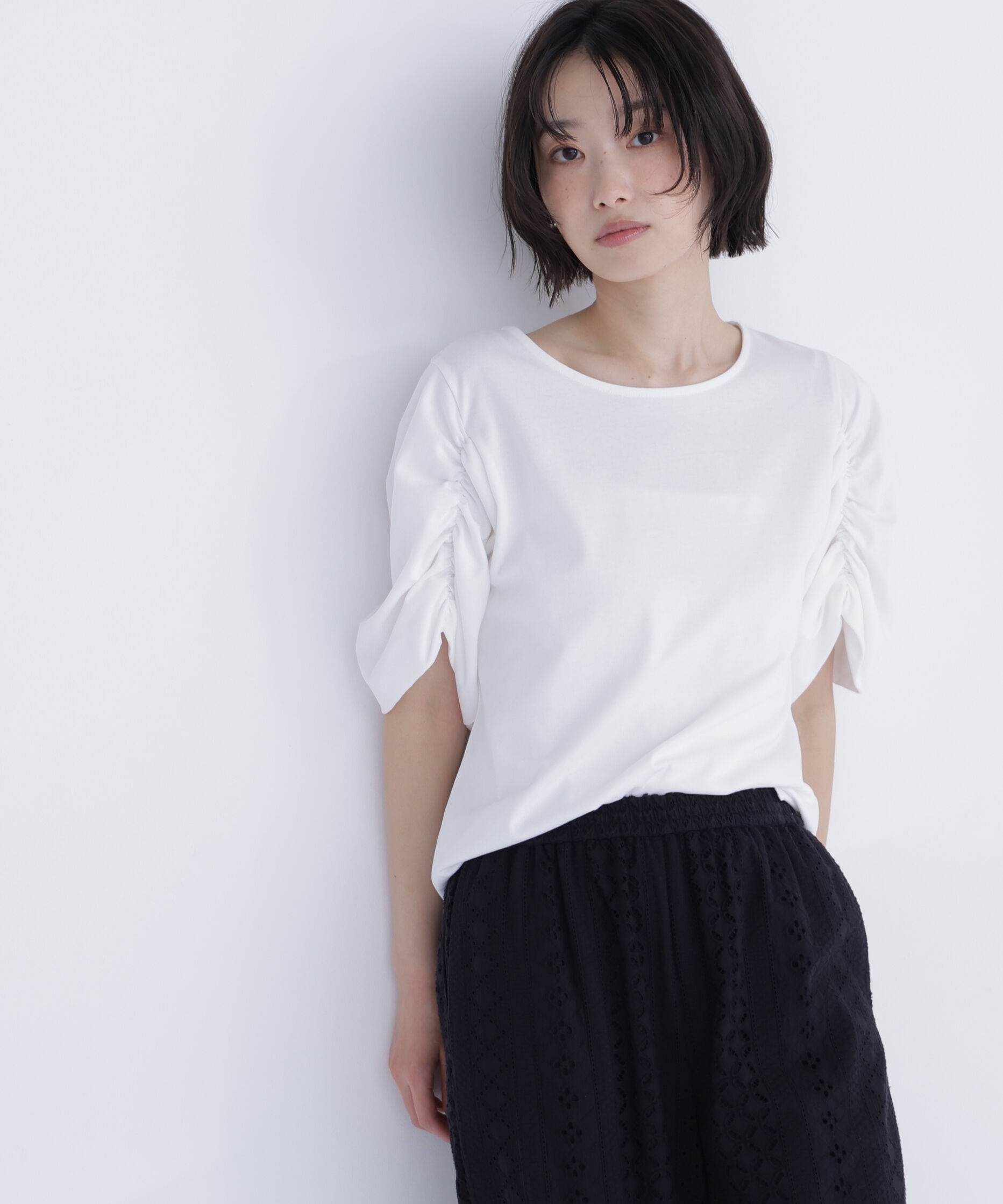  「ギャザースリーブカットソー」|Tシャツ・カットソー|オフホワイト1