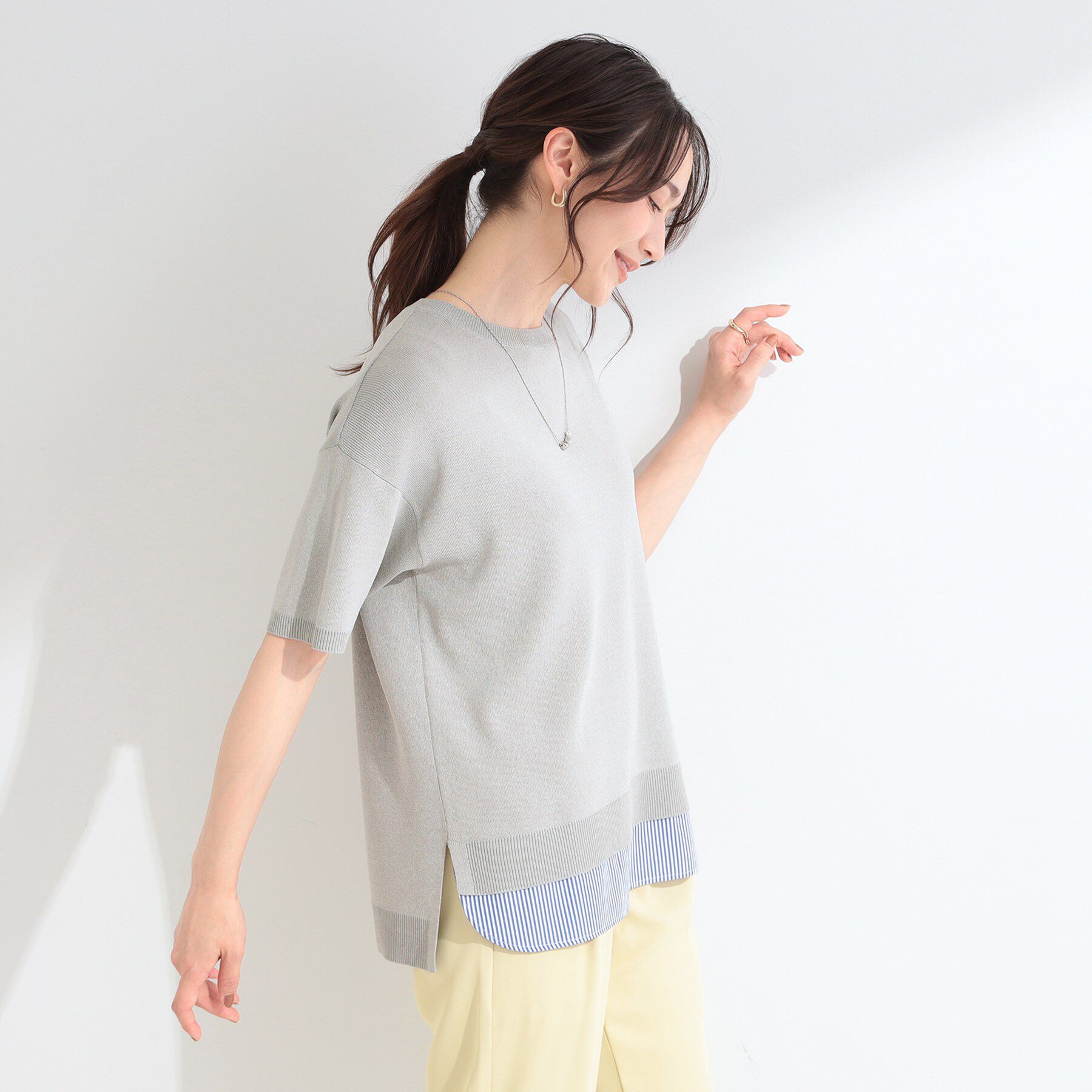 SHOO･LA･RUE「【ひんやり/UV/洗濯機可/S-LL】毛玉になりにくい シャツレイヤード風 半袖ニット」|ニット・セーター|