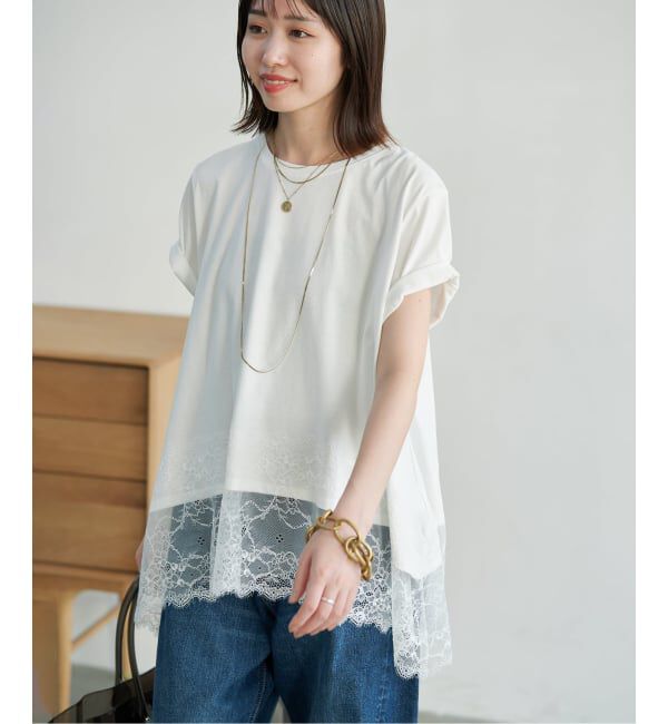 SLOBE IENA「《シリーズあり/追加》レースコンビハーフスリーブカットソー」|Tシャツ・カットソー|ホワイト