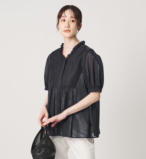UNITED ARROWS「LINEAESSE Vネック パフブラウス ‐ウォッシャブル‐」|シャツ・ブラウス|NAVY