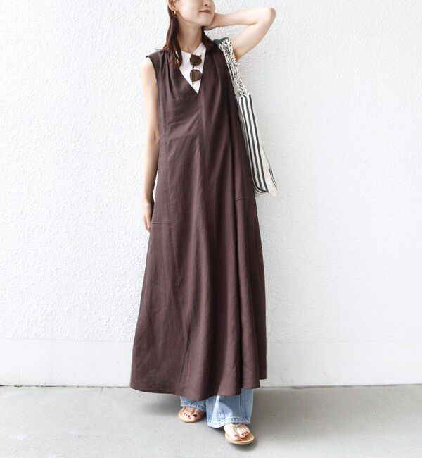 SHIPS for women「【WEB限定】〈手洗い可能〉レーヨン 麻 ステッチ デザイン Vネック ワンピース」|ワンピース|ブラウン