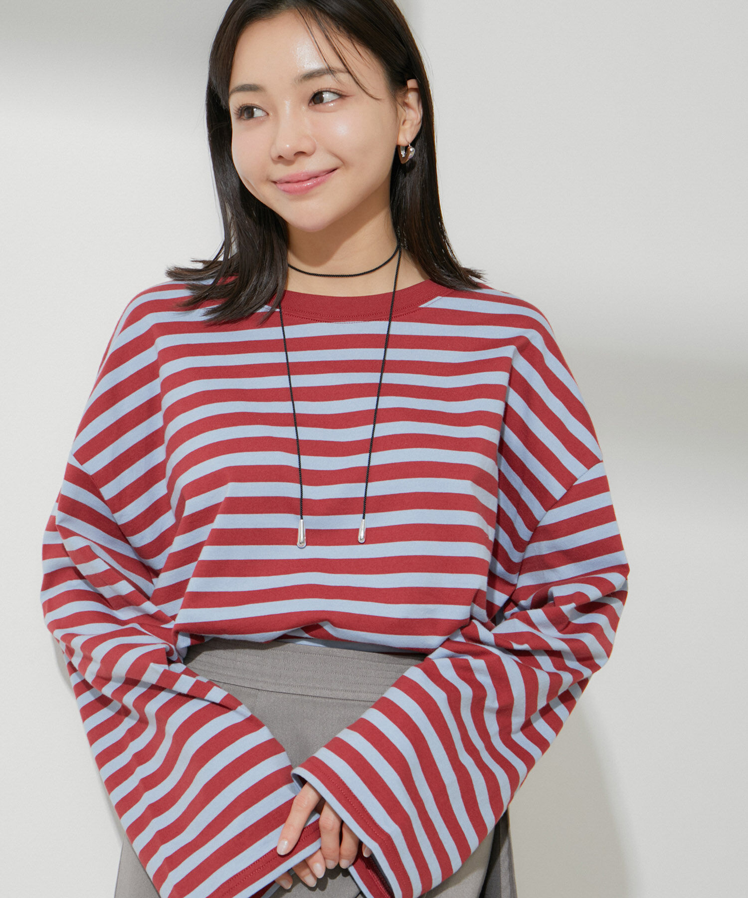 VIS「【EC/OUTLET】ワイドスリーブマルチボーダーロングTシャツ【洗える】」|Tシャツ・カットソー|