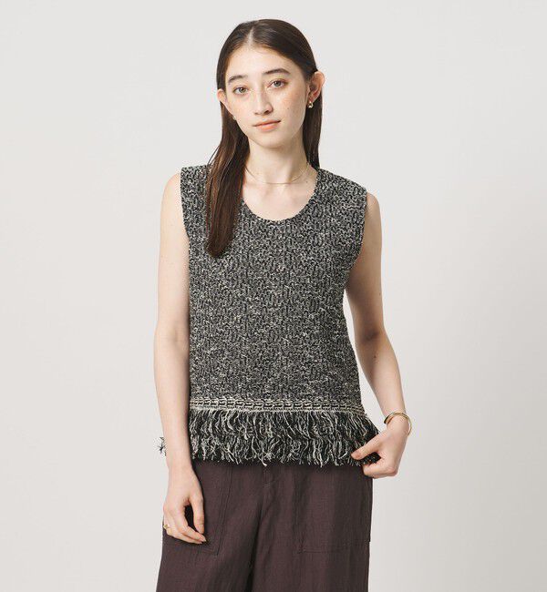UNITED ARROWS「ミックス フリンジ ノースリーブ ニット」|ベスト・ジレ|BLACK