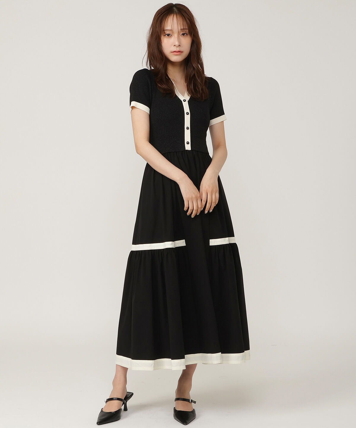 アンドクチュール「ラメ入り配色ドッキングワンピース」|ワンピース|ブラック
