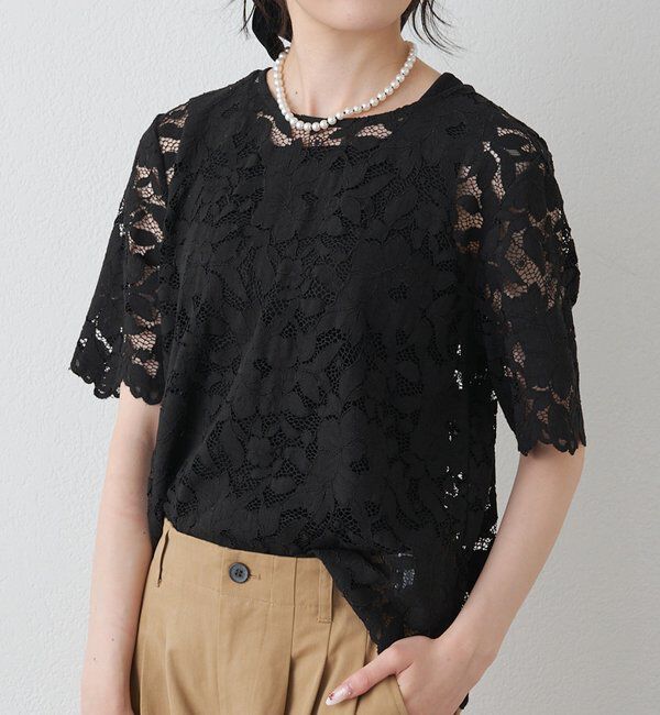  「花柄コード刺繍スカラップレースブラウス」|プルオーバー|ブラック