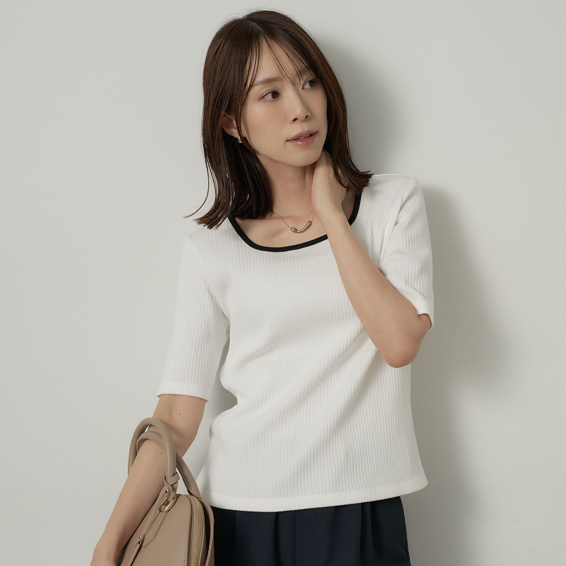 UNTITLED「【二の腕カバー】スクエアネックテレコプルオーバー」|Tシャツ・カットソー|オフホワイト(003