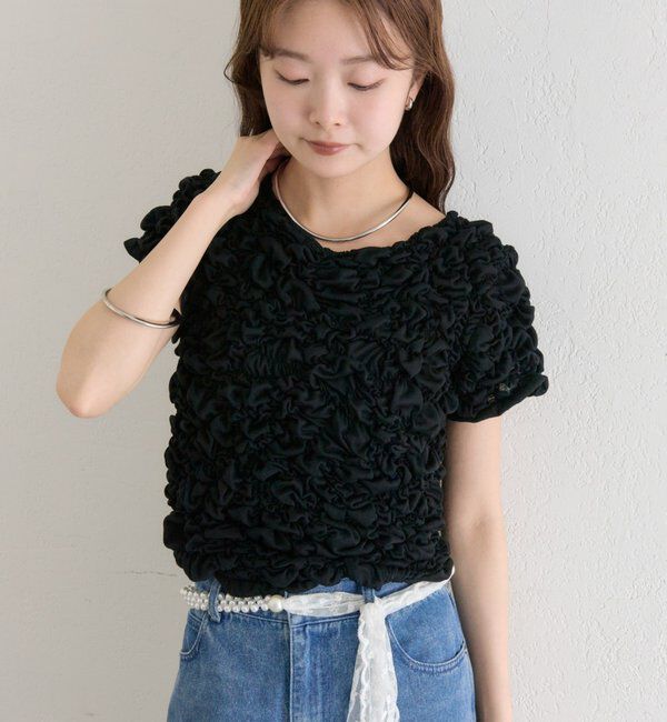  「【新色BRN】《6色展開/伸縮性あり◎》ふわふわシャーリングTシャツ」|Tシャツ・カットソー|ブラック