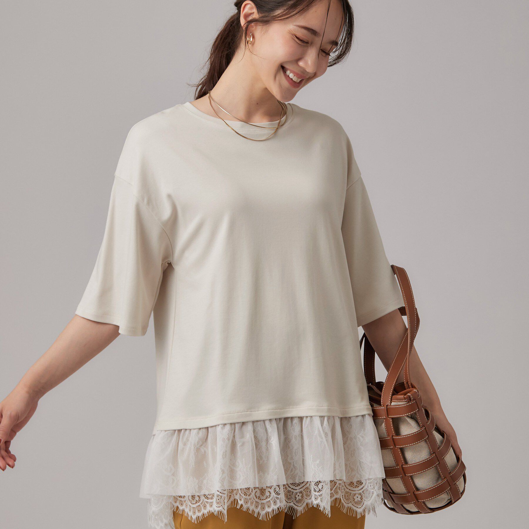 SHOO･LA･RUE「ひんやり裾レースTシャツ」|Tシャツ・カットソー|ライトベージュ(05
