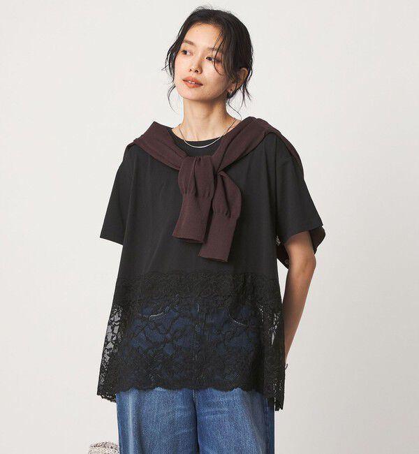 UNITED ARROWS green label relaxing「【WEB限定】＜at ease＞イレヘム レース ドッキング ショートスリーブ カットソー」|Tシャツ・カットソー|BLACK
