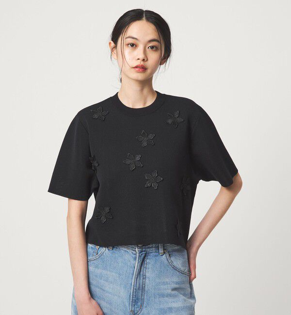 EMMEL REFINES「＜EMMEL REFINES＞EM HW フラワーモチーフ ショートスリーブ ニット」|ニット・セーター|BLACK