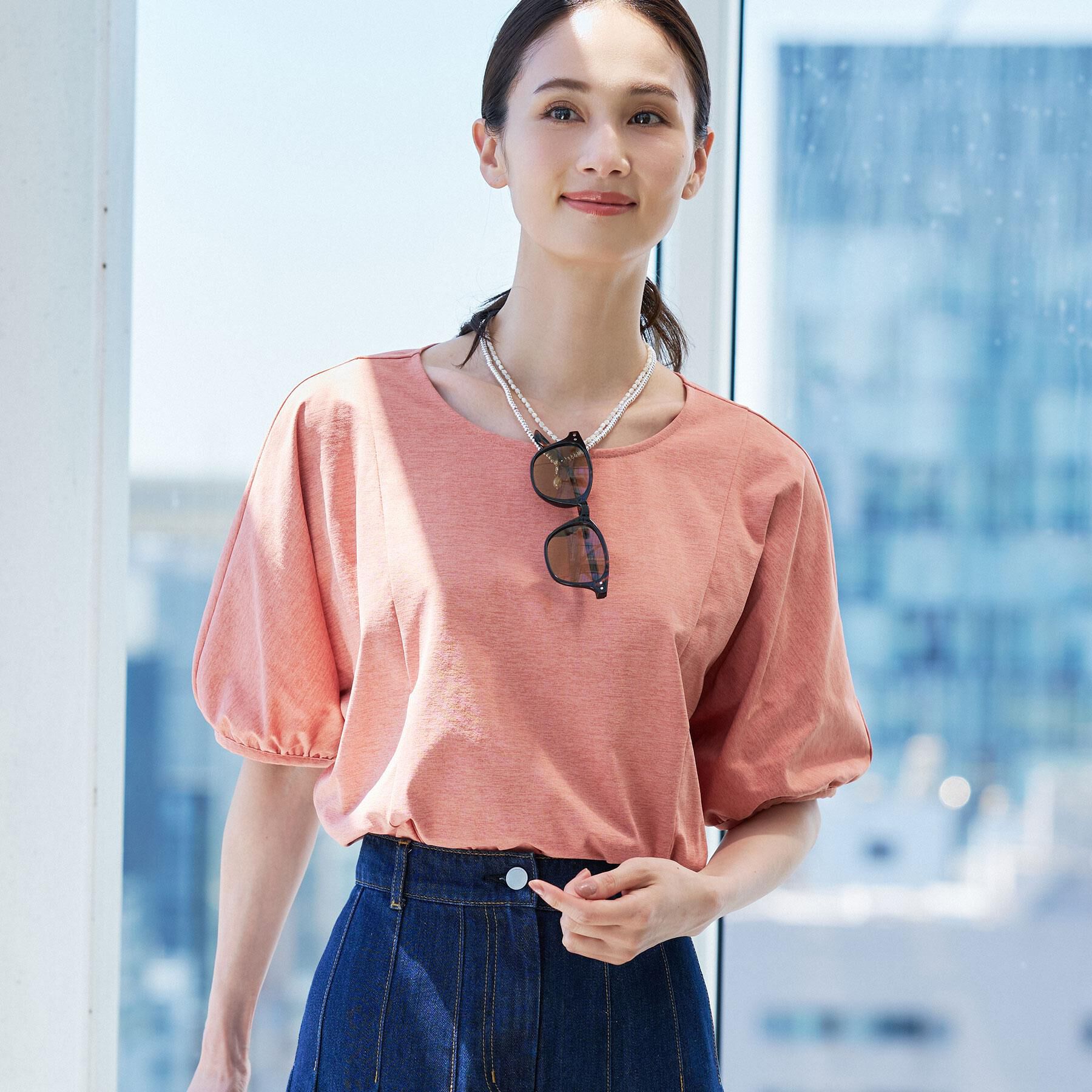 Reflect「【UVカット／接触冷感／吸水速乾】ギャザースリーブカットソー」|Tシャツ・カットソー|