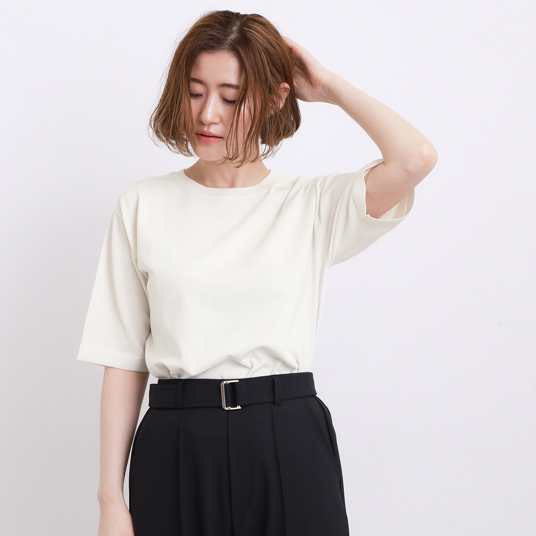grove「【ひんやり・UVカット・洗濯機◎】Tシャツ感覚で着られるコットン混ニット」|ニット・セーター|オフホワイト(003