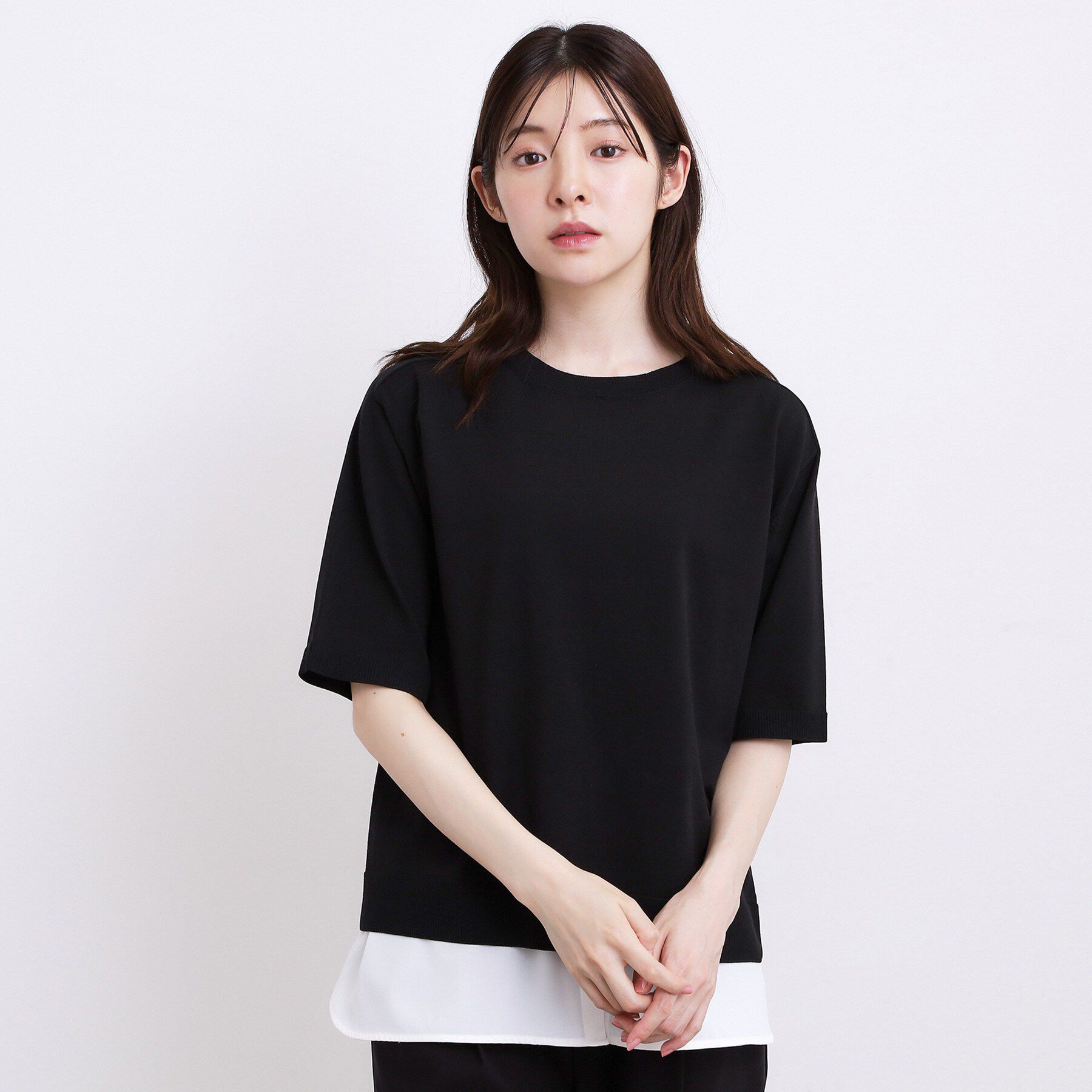grove「【ひんやり・UVカット・洗濯機◎】Tシャツ感覚で着られるコットン混ニット」|ニット・セーター|ブラック(019)