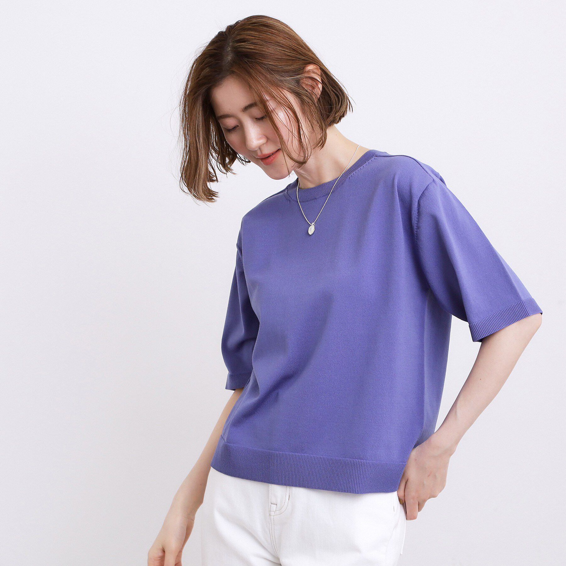 grove「【ひんやり・UVカット・洗濯機◎】Tシャツ感覚で着られるコットン混ニット」|ニット・セーター|パープル(082)