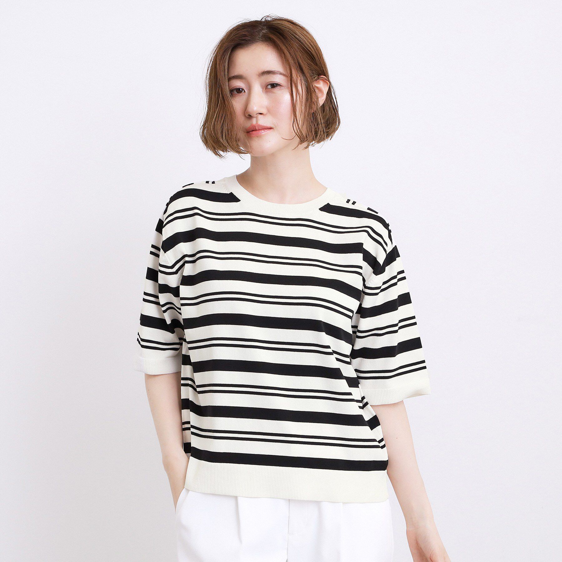 grove「【ひんやり・UVカット・洗濯機◎】Tシャツ感覚で着られるコットン混ニット」|ニット・セーター|ボーダー(303)