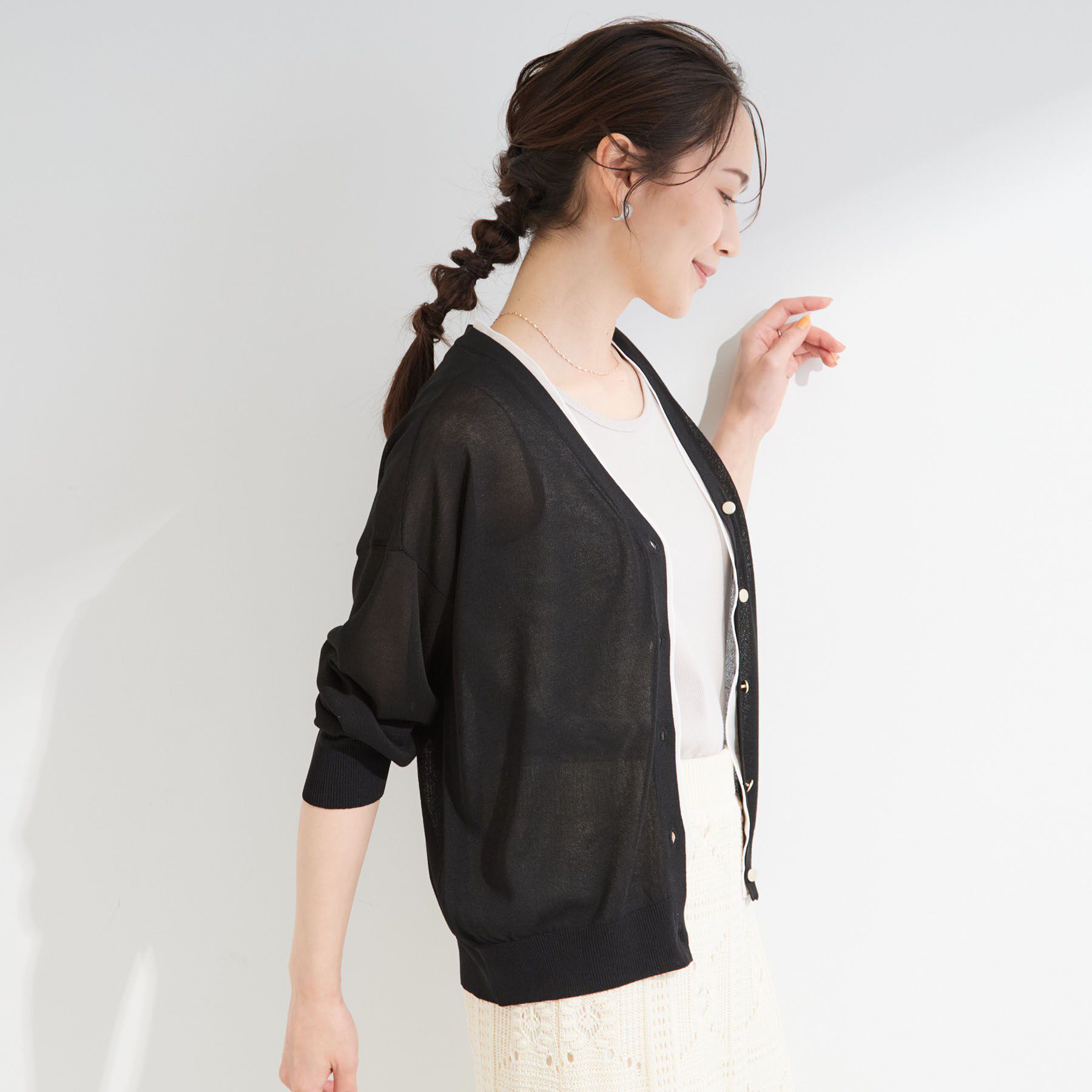 SHOO･LA･RUE「【洗濯機可/S-LL】配色シフォン襟でサマ見え 上品シアーカーディガン」|カーディガン|