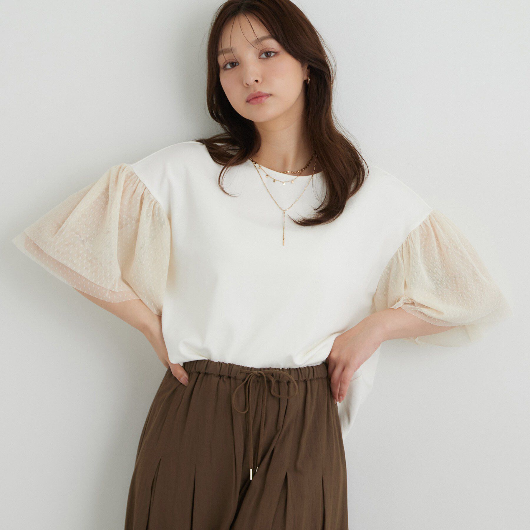 SunaUna「チュール袖カットソー」|Tシャツ・カットソー|ホワイト(001)