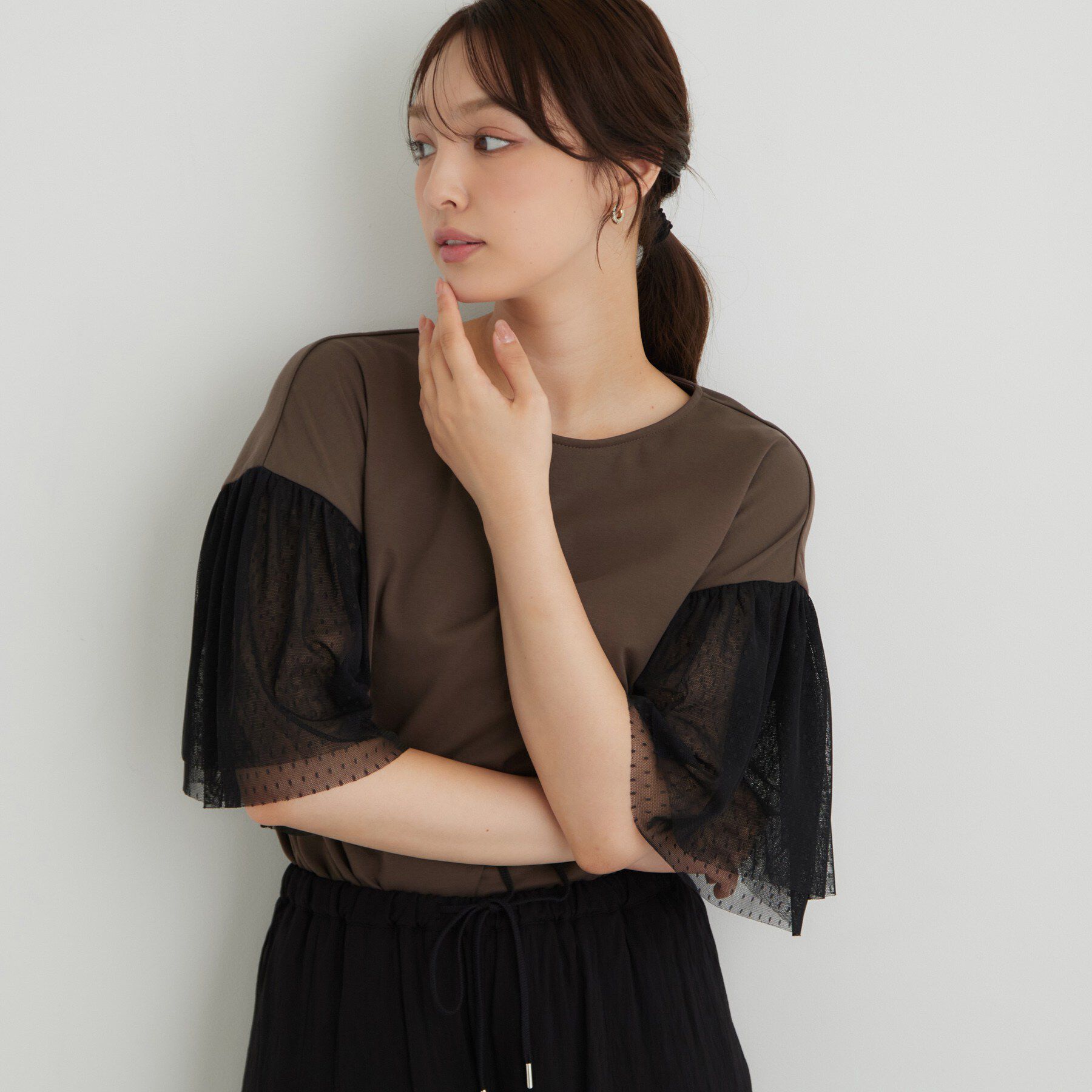SunaUna「チュール袖カットソー」|Tシャツ・カットソー|ブラウン(044)