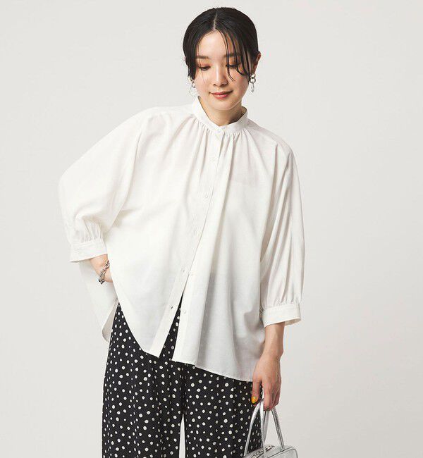 UNITED ARROWS green label relaxing「【WEB限定】＜at ease＞ノーカラー ギャザー ブラウス UVカット 通気性」|シャツ・ブラウス|WHITE