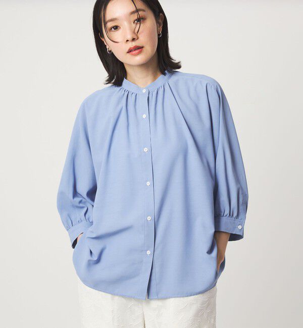 UNITED ARROWS green label relaxing「【WEB限定】＜at ease＞ノーカラー ギャザー ブラウス UVカット 通気性」|シャツ・ブラウス|COBALT