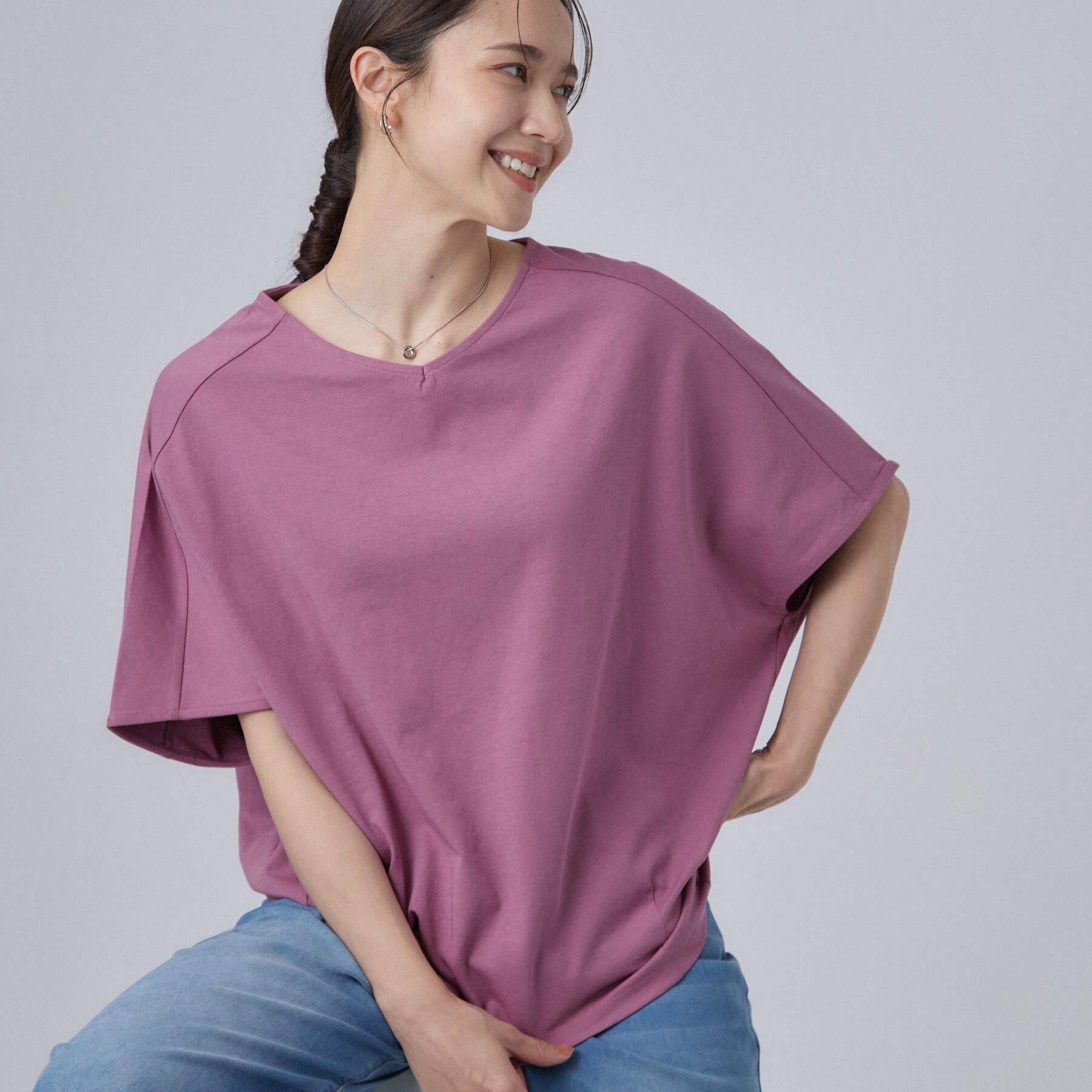 SHOO･LA･RUE「【ひんやり/体型カバー】インせず着られる 上品見えのドルマントップス」|Tシャツ・カットソー|ピンク(074)