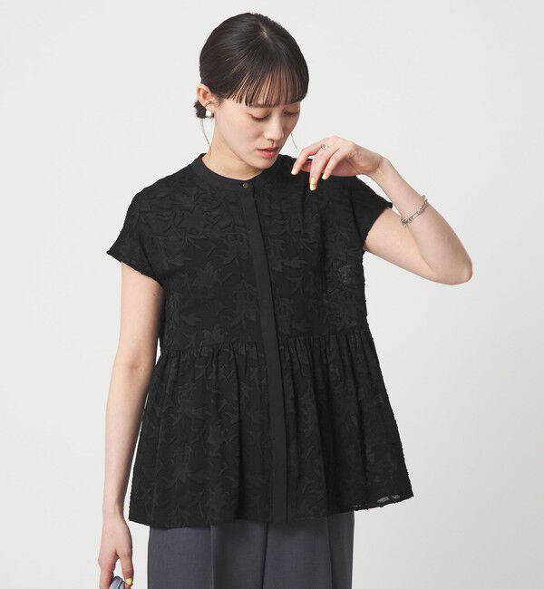 UNITED ARROWS green label relaxing「カット ジャガード フレンチスリーブ ブラウス」|シャツ・ブラウス|BLACK