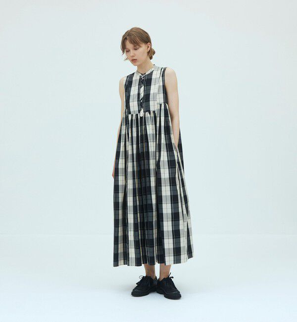 GALERIE VIE「コットンシルクタイプライターチェック スタンドネックギャザーワンピース」|ワンピース|