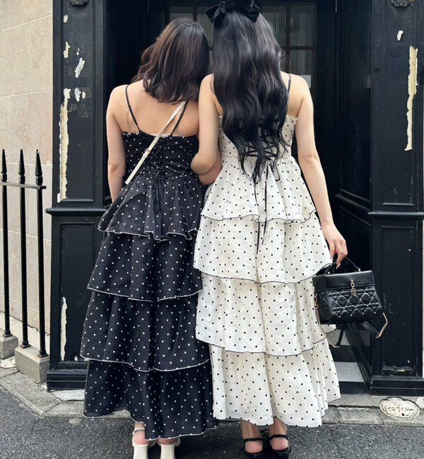  「【Osoroi  Collection】リボンティアードドットロングワンピ」|ワンピース|