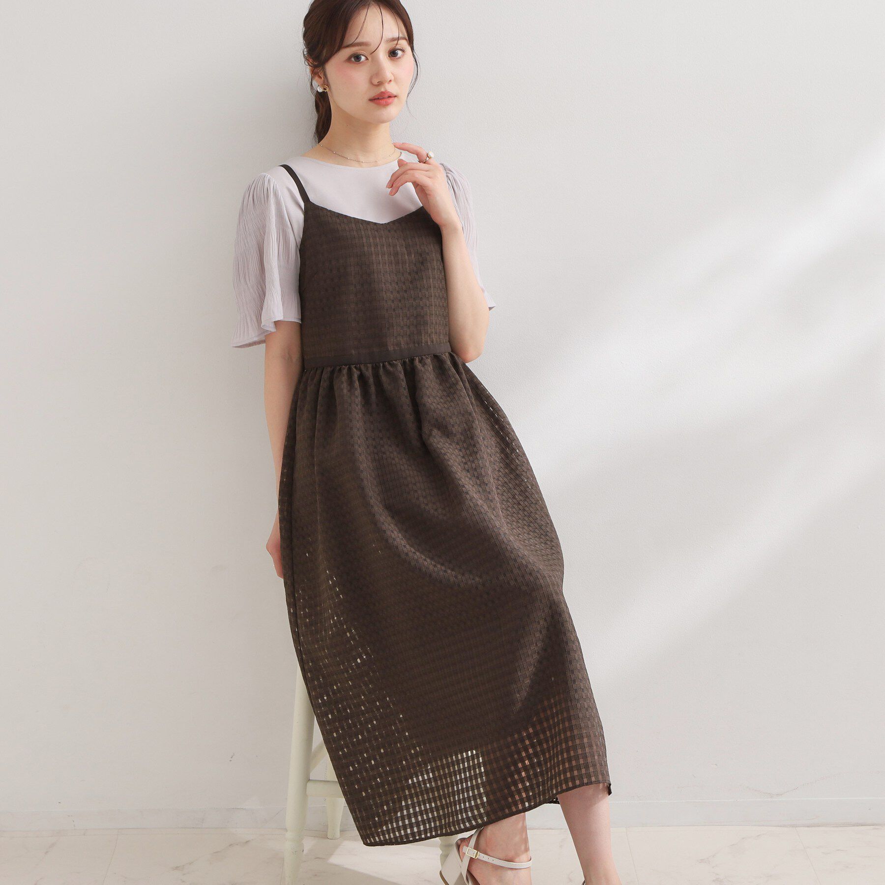 Couture broach「【洗える】レースチェック キャミワンピ―ス」|ワンピース|ブラウン(244)