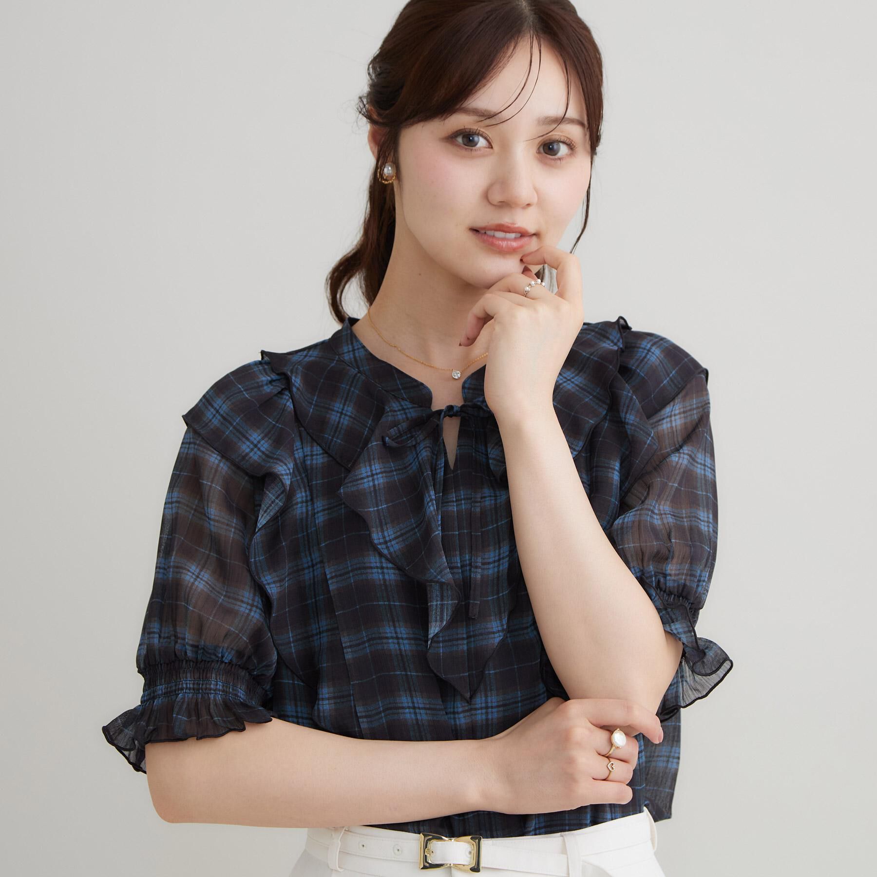 Couture broach「【楊柳シフォンで涼しく】フリルチェックブラウス」|シャツ・ブラウス|