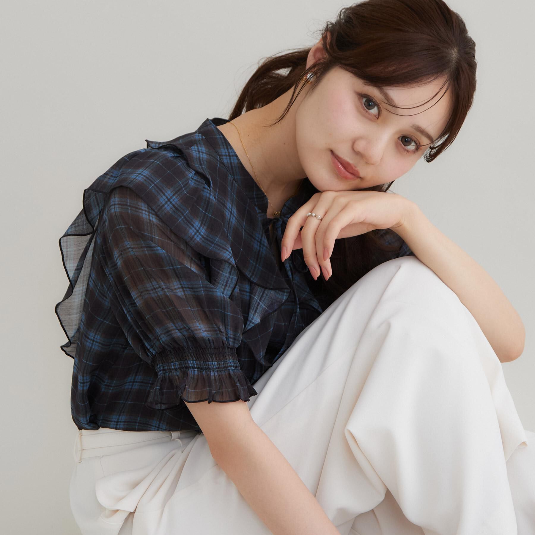 Couture broach「【楊柳シフォンで涼しく】フリルチェックブラウス」|シャツ・ブラウス|