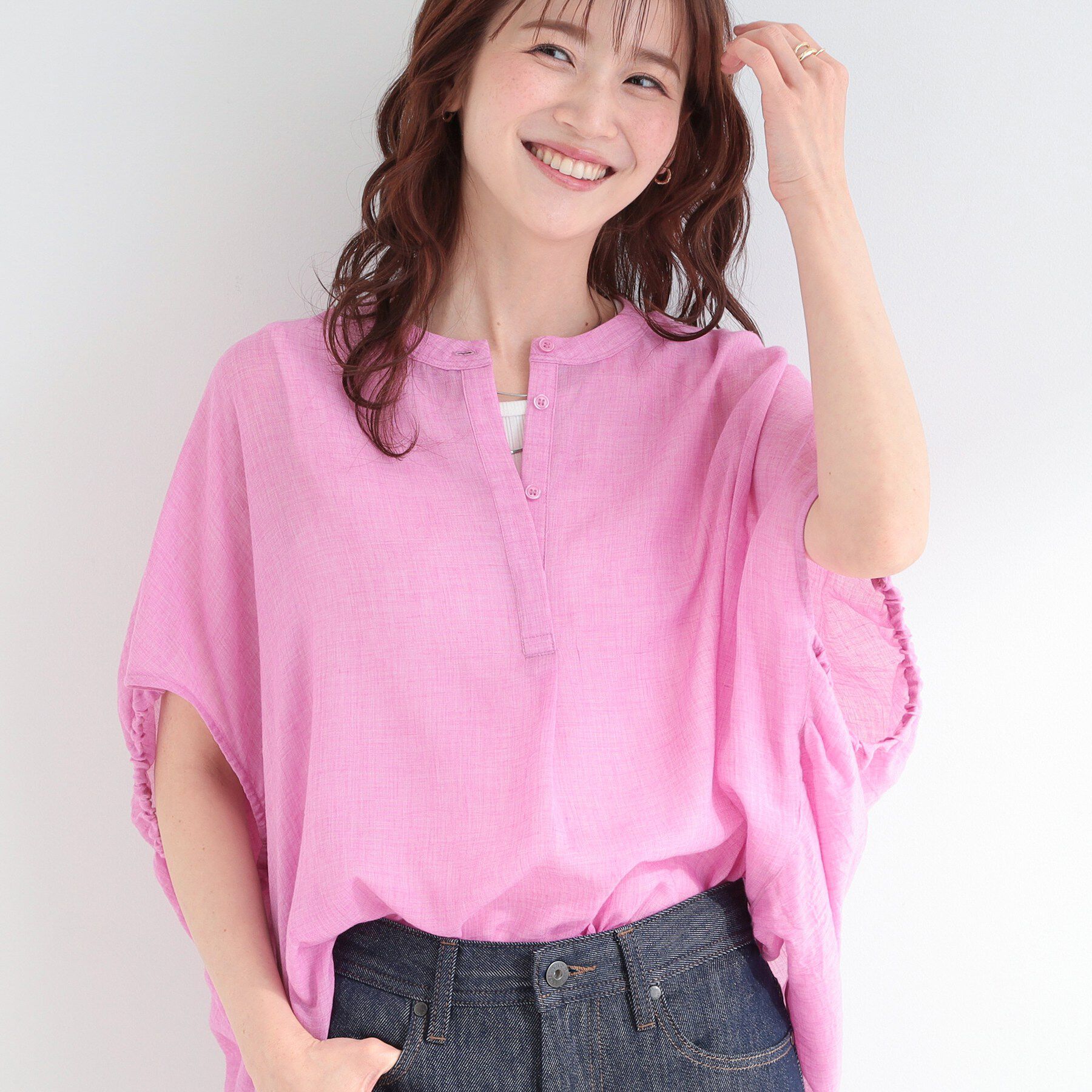 SHOO･LA･RUE「【体型カバー】バルーン風ゆるシャツブラウス」|シャツ・ブラウス|ピンク(072)