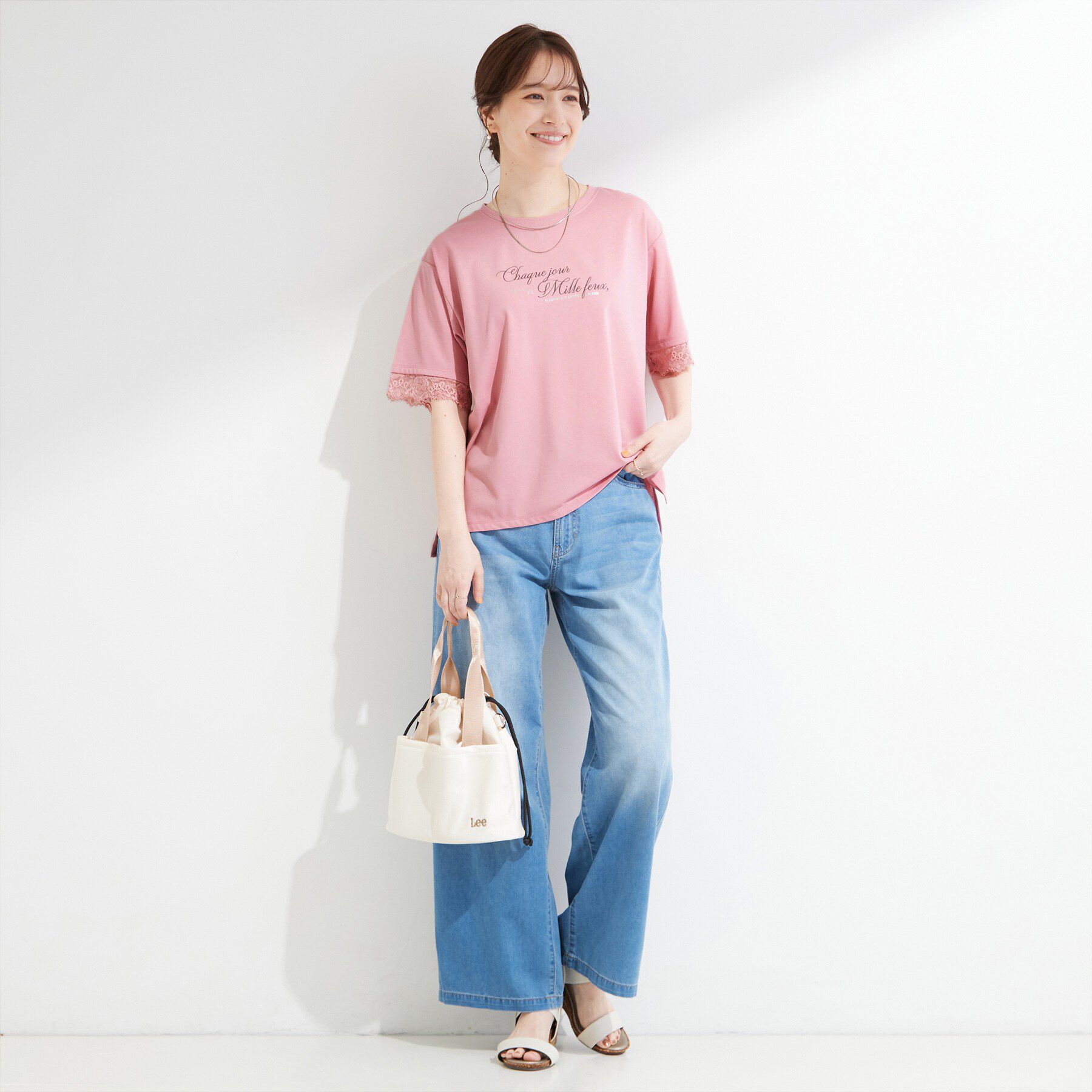 SHOO･LA･RUE「【ひんやり/UV/S-LL】柄アソート お袖レースが旬顔 上品に決まる大人Tシャツ」|Tシャツ・カットソー|