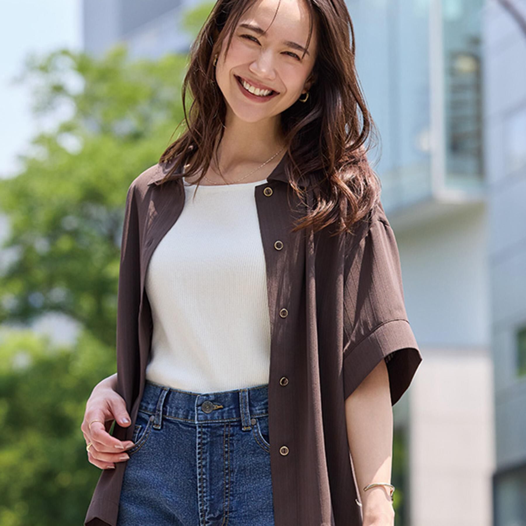 SHOO･LA･RUE「【通気性〇/ひんやり/S-LL】洗濯後しわになりにくい とろみストライプシャツ」|シャツ・ブラウス|