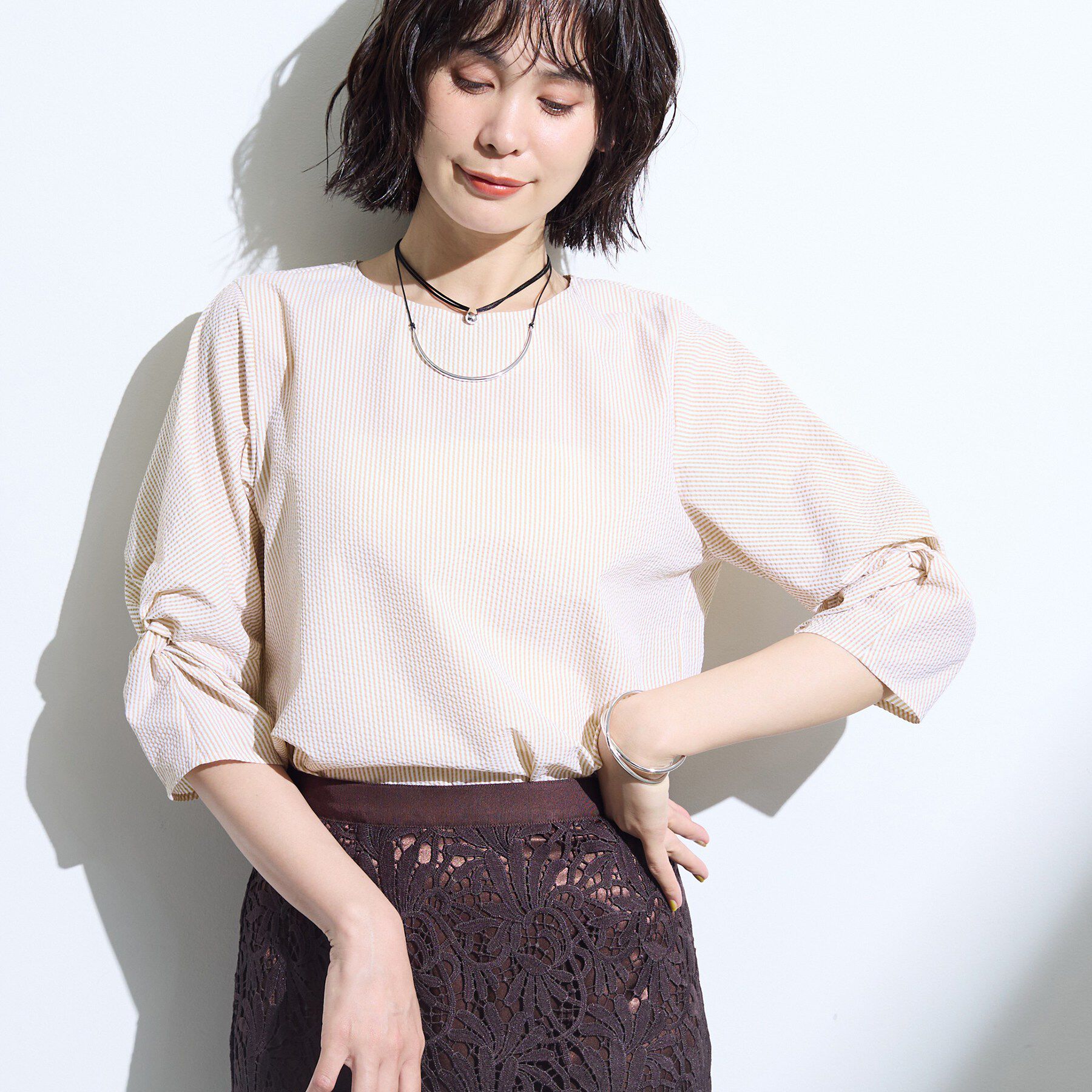 INDIVI「【撥水／UVケア】ねじり袖サッカートップス」|Tシャツ・カットソー|